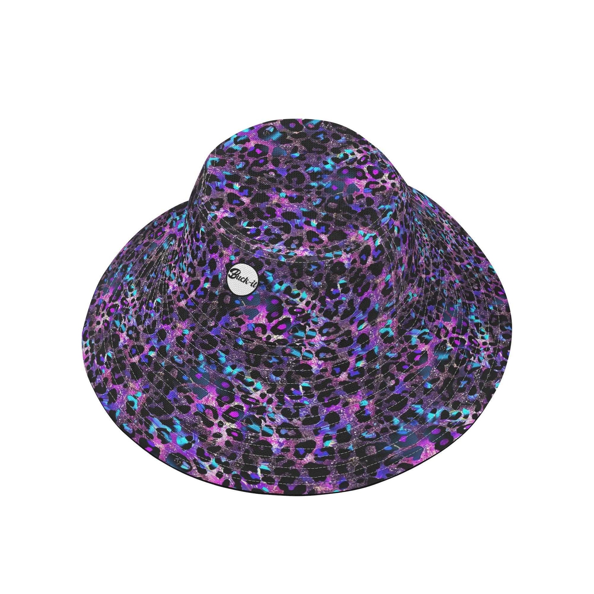 "Futuristic Leopard Buck-it Hat featuring vibrant neon blue and purple leopard print design, perfect for sunny days and outdoor adventures."