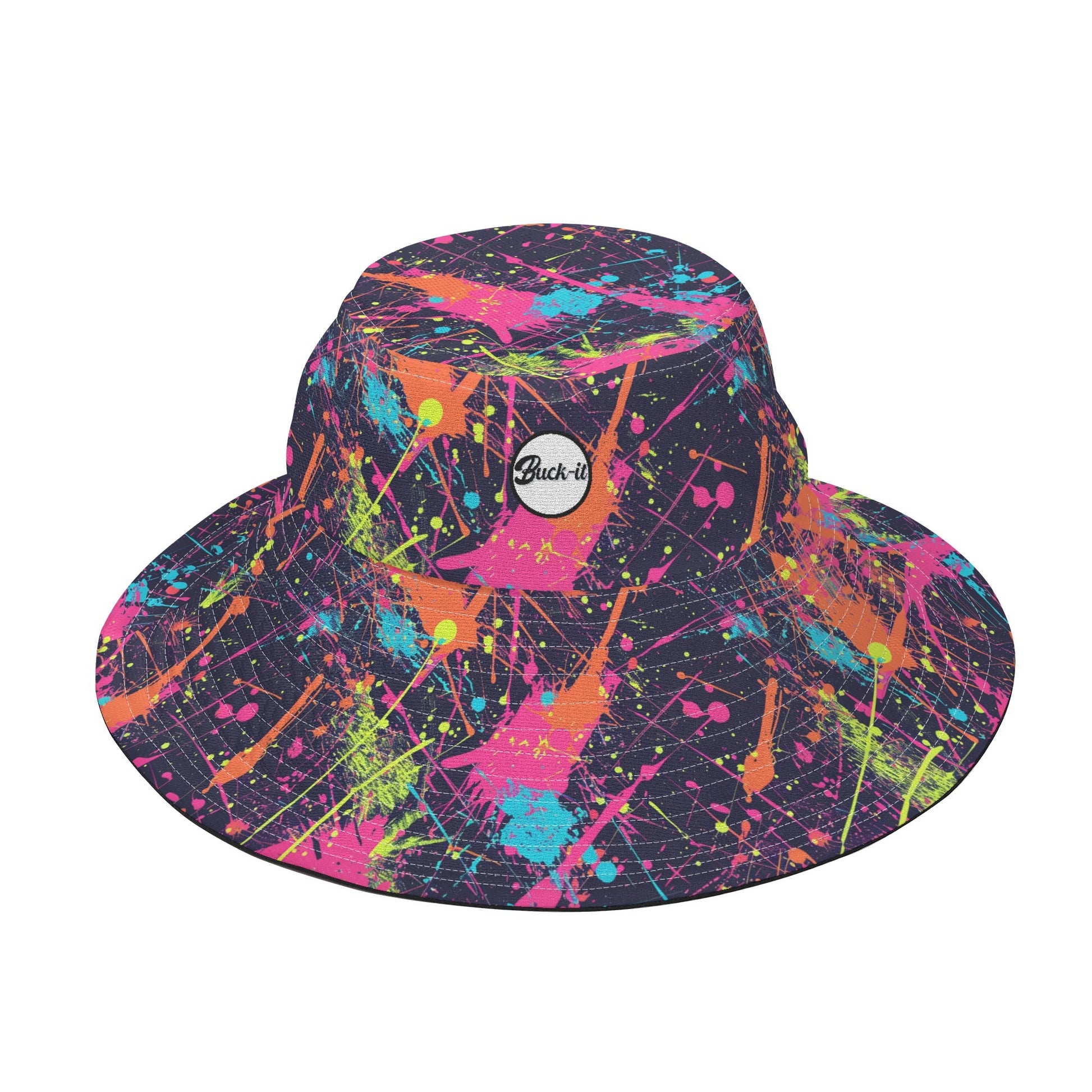 "ShitHot Buck-it Hat - Paint Splat with a colorful splash design, breathable, packable, and UV protection for sunny outings."