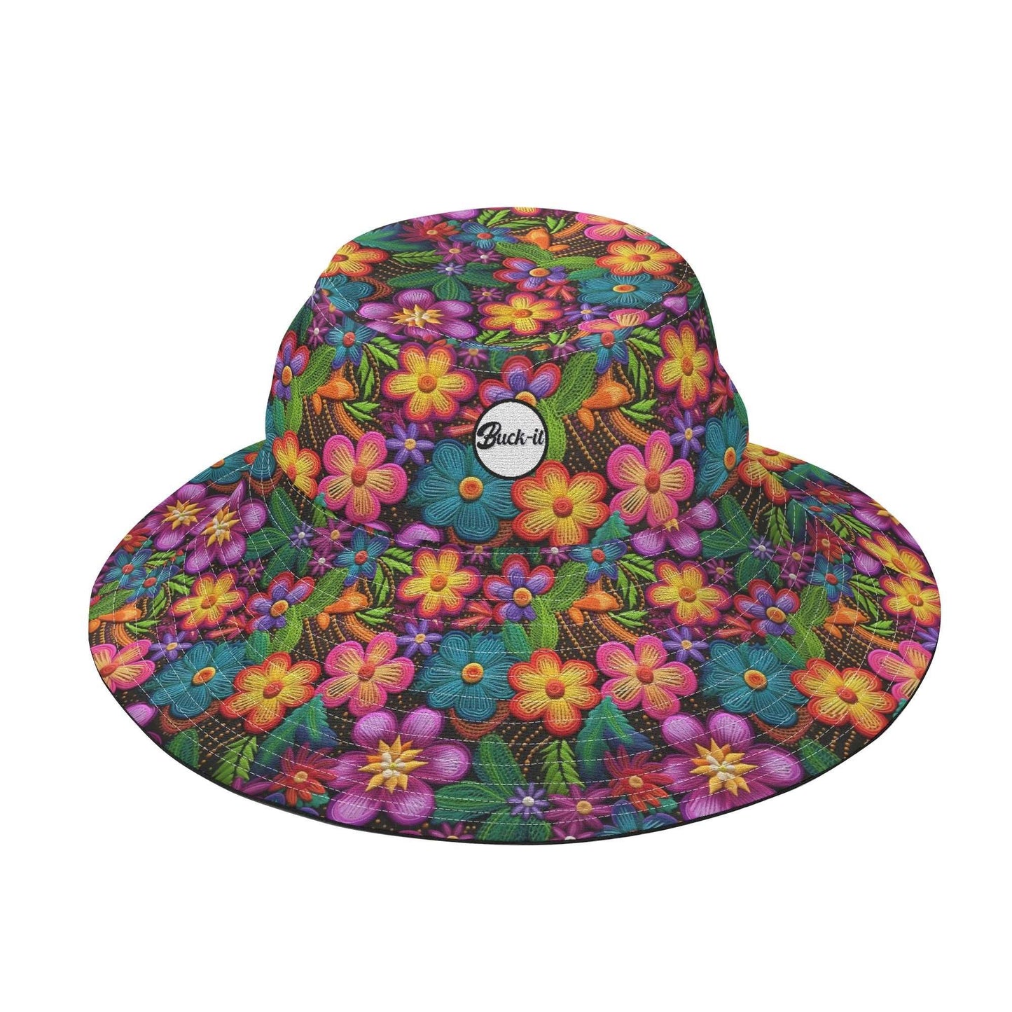 "ShitHot Buck-it Hat - 3D Posy features vibrant 3D flower petals, breathable, UV protection, and is packable for sunny days."