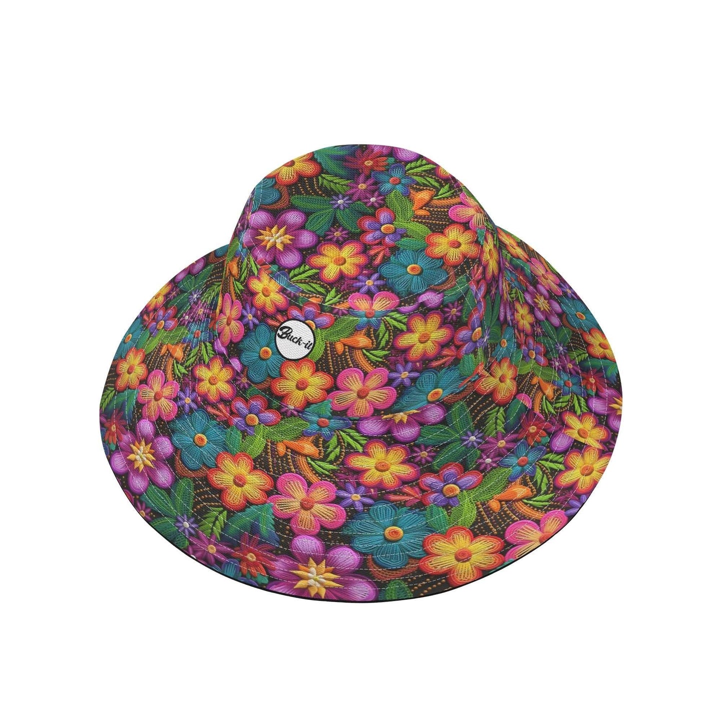 "ShitHot Buck-it Hat - 3D Posy features vibrant 3D flower petals, breathable, UV protection, and is packable for sunny days."