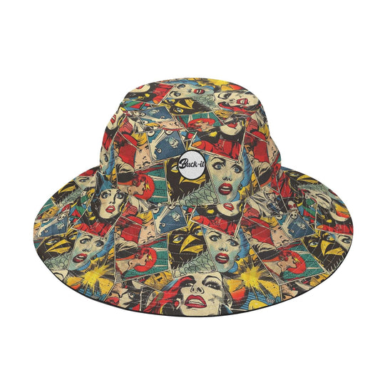 Comic Book Bucket Hat - Pop Art Style featuring a vibrant retro comic print with vintage-inspired illustrations in bold red, blue, and yellow colors. Wide-brimmed bucket hat with all-over pattern showcasing artistic faces and dynamic comic elements. Women's Collection, Women's Hat Collection - Bold & Custom Designs, ShitHot Best Sellers.