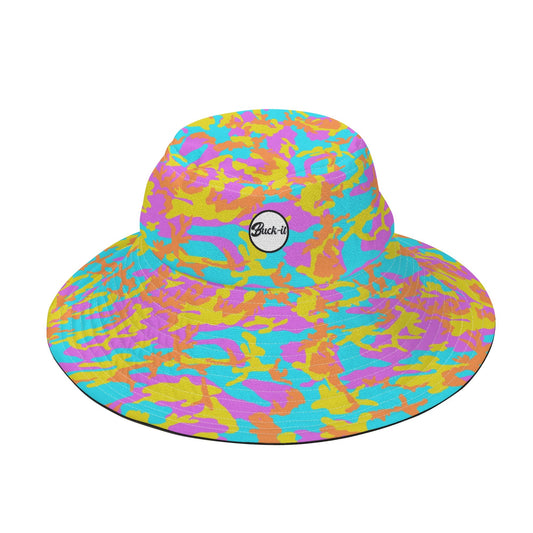 "ShitHot Buck-it Hat - Thunder Camo features vibrant colors, breathable, UV protection, and is packable for outdoor fun."