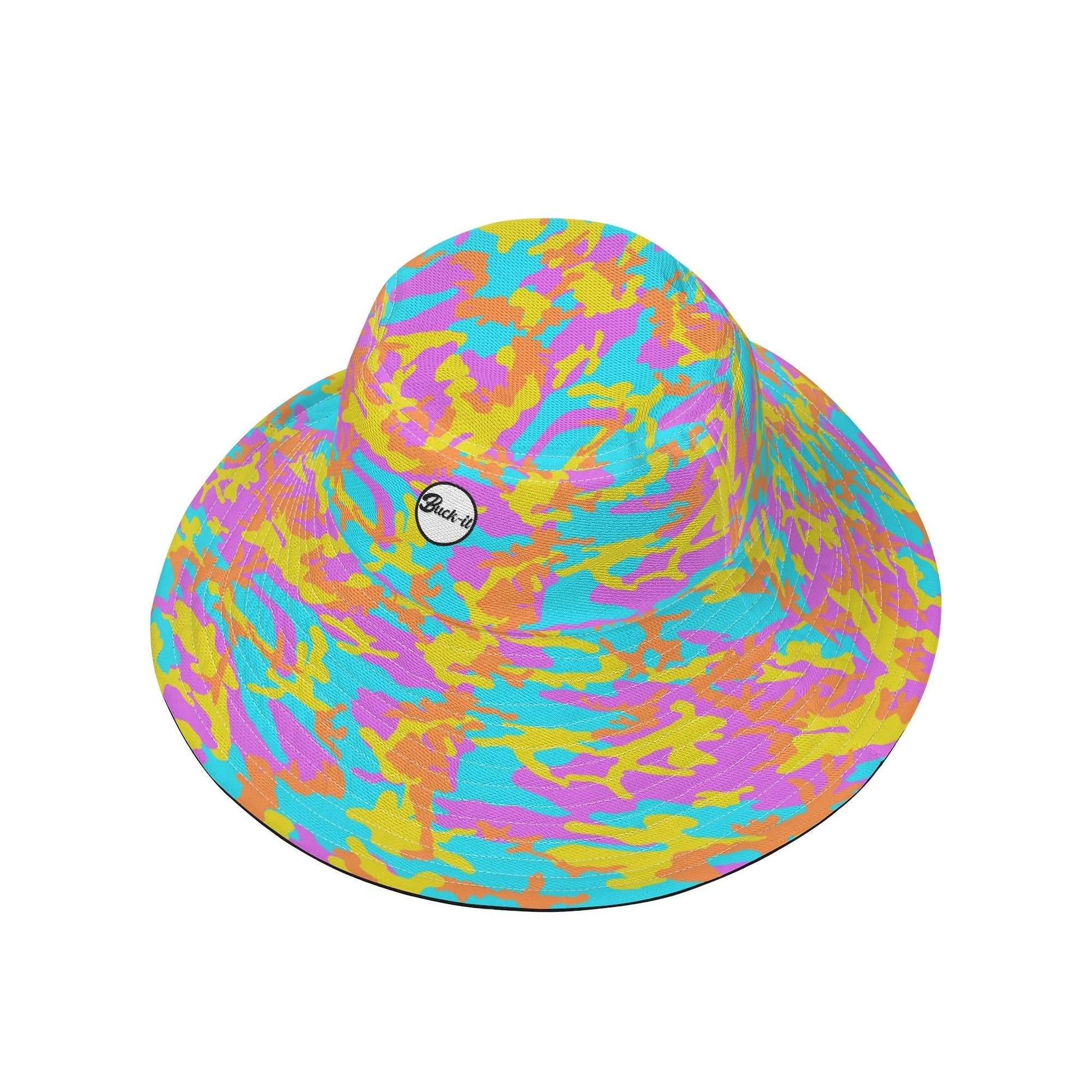 Thunder Camo Bucket Hat featuring vibrant swirling camouflage pattern in light blue, yellow, orange, and pink tones, with a small circular logo badge on the front. Wide-brimmed sun protection hat shown against white background.