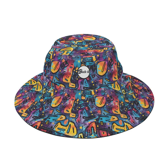 Grunge Bucket Hat - Nirvana Inspired featuring a vibrant all-over print pattern with colorful abstract guitar designs in blue, orange, and purple. Wide-brimmed bucket hat with a small circular brand patch. Women's Hat Collection - Bold & Custom Designs, ShitHot Best Sellers