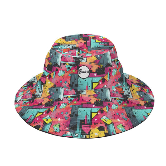 Mystic Prism Bucket Hat featuring vibrant geometric pattern in pink, teal, and yellow with abstract urban art design. Breathable wide-brim summer hat with brand logo patch. Women's Collection, Women's Hat Collection, ShitHot Best Sellers