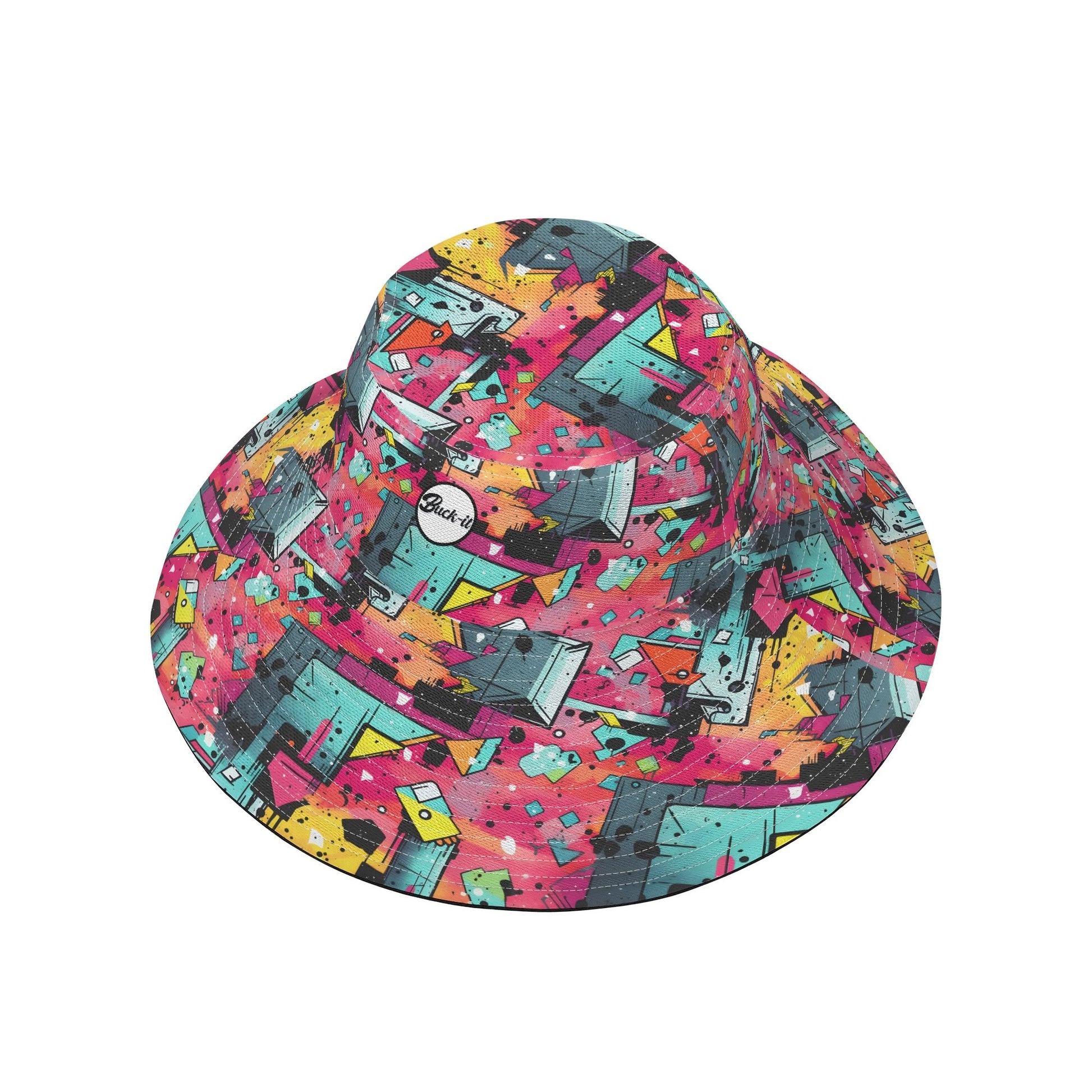 "ShitHot Buck-it Hat - Mystic Prism features a vibrant swirl pattern, breathable, UV protection, and is packable for adventures."