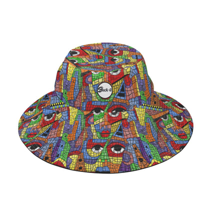 "ShitHot Buck-it Hat - The Picasso features an artistic mosaic design, breathable, UV protection, and packable for sunny outings."