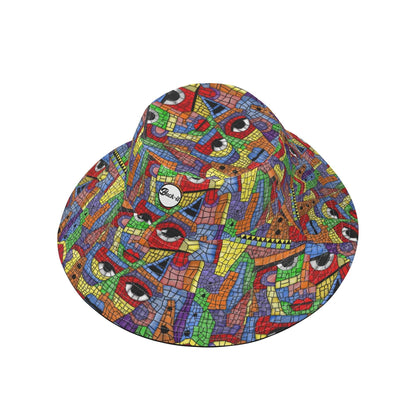 "ShitHot Buck-it Hat - The Picasso features an artistic mosaic design, breathable, UV protection, and packable for sunny outings."