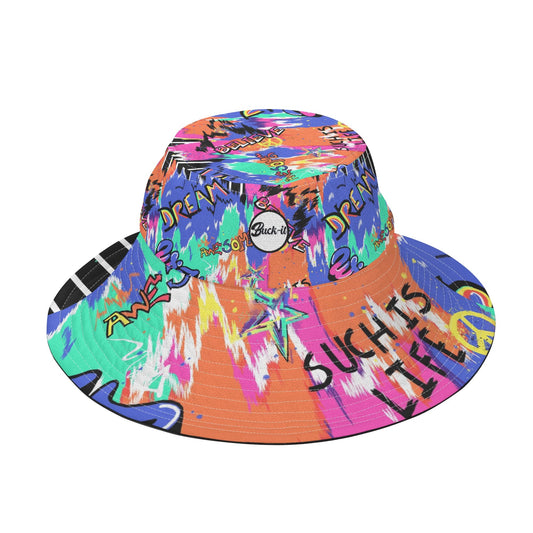 "ShitHot Buck-it Hat - Urban Graffiti showcases vibrant graffiti prints, breathable, UV protection, and is packable for outings."