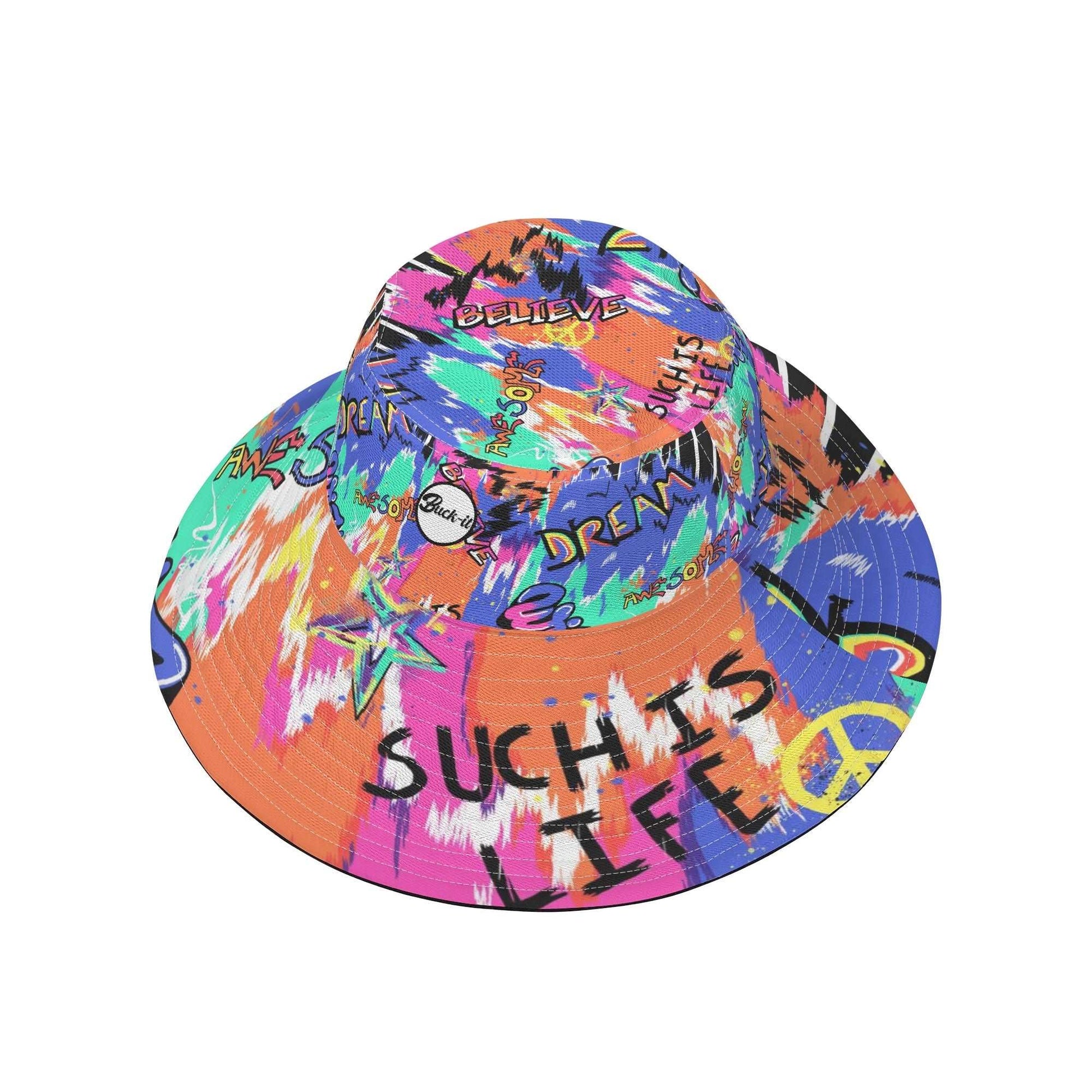 "ShitHot Buck-it Hat - Urban Graffiti showcases vibrant graffiti prints, breathable, UV protection, and is packable for outings."