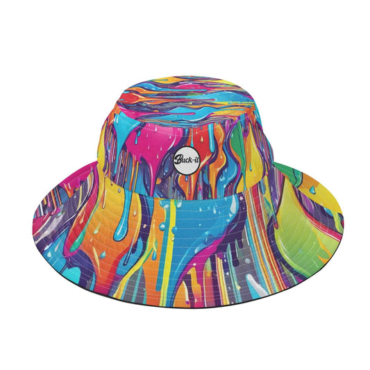 The Dali Bucket Hat featuring a psychedelic pattern of melting, vibrant colors including turquoise, pink, yellow, and purple in a dripping paint effect design, with a circular brand logo patch on the front crown against a wide-brimmed silhouette