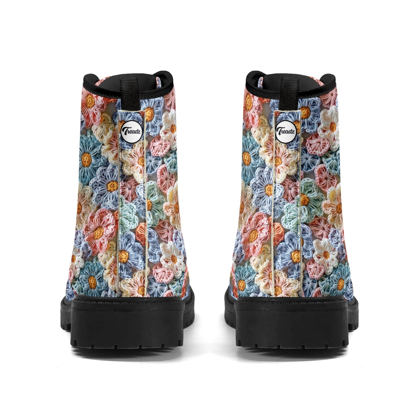 "Treadz The Posy ankle boots featuring crochet flower design, waterproof, and all-day comfort by ShitHot."