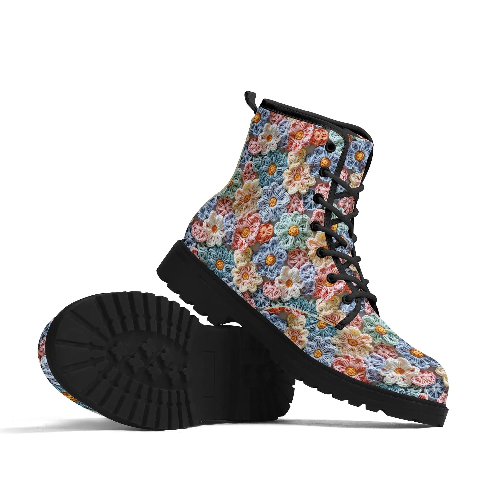 "Treadz The Posy ankle boots featuring crochet flower design, waterproof, and all-day comfort by ShitHot."