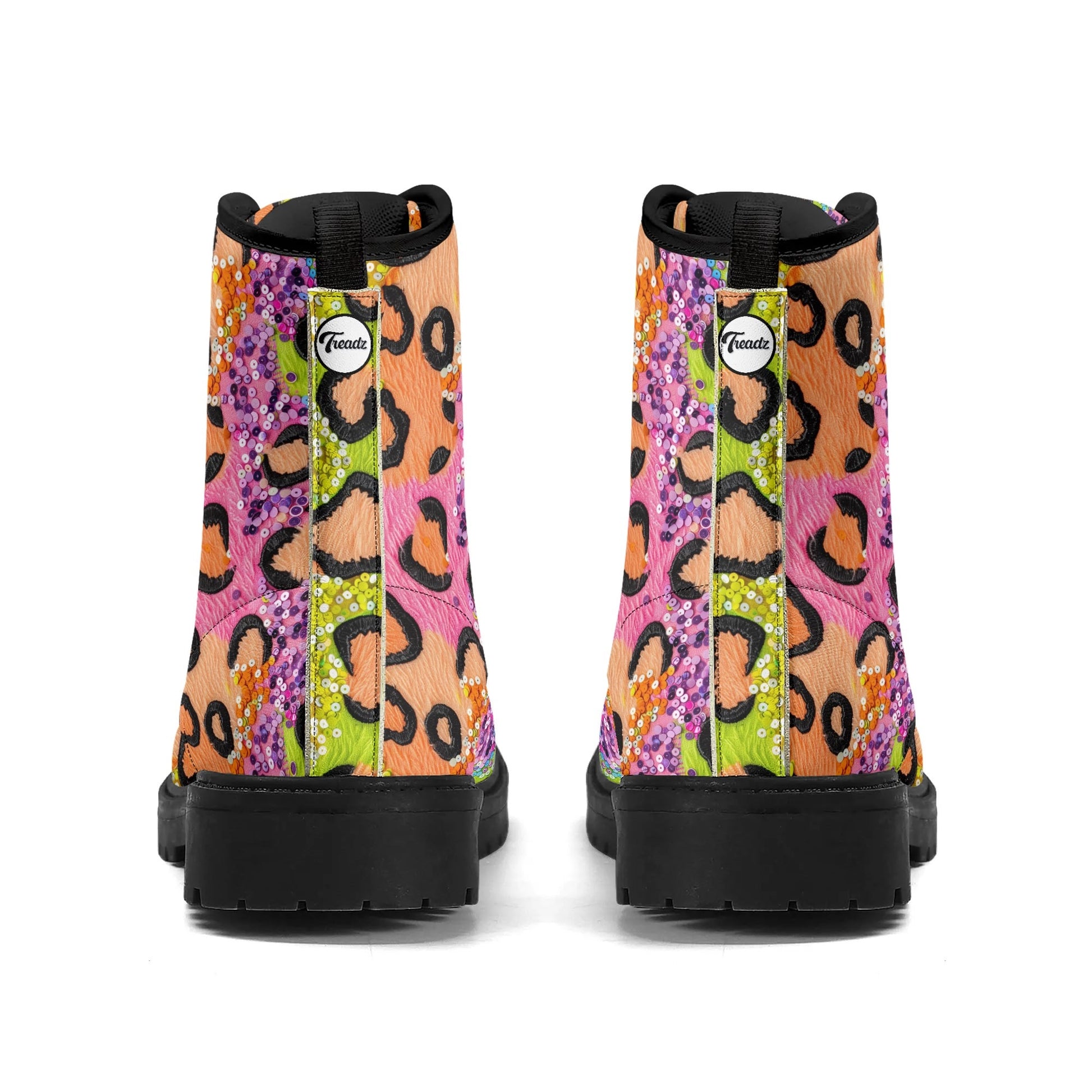 "Treadz Wild Sparkle ankle boots with modern leopard print and sequins, waterproof, and cushioned insoles by ShitHot."