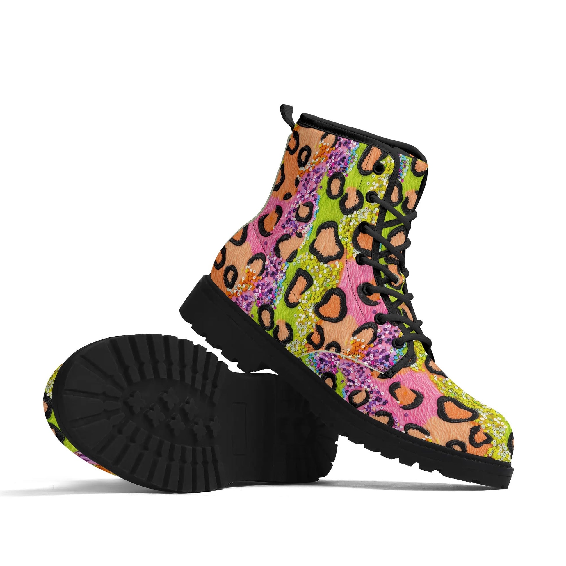 "Treadz Wild Sparkle ankle boots with modern leopard print and sequins, waterproof, and cushioned insoles by ShitHot."