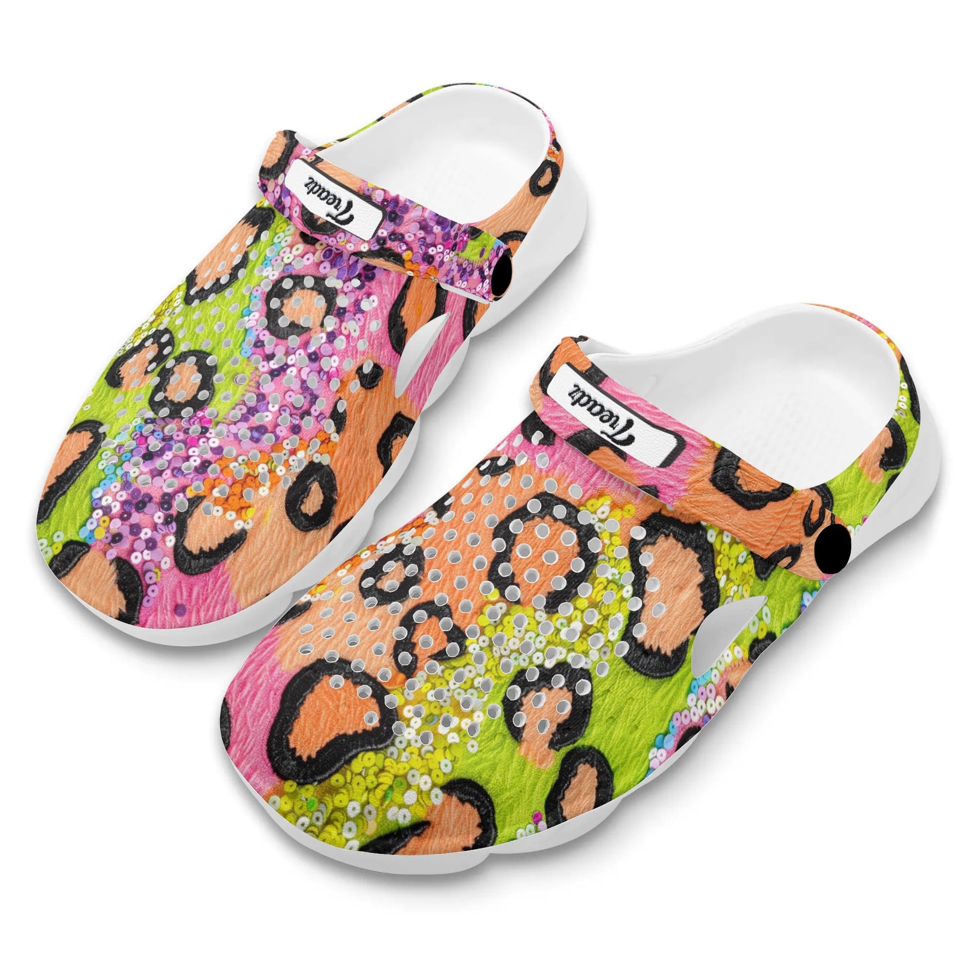 Treadz Clogs - Wild Sparkle by ShitHot
"Leopard print clogs with sequinst, ensuring stylish comfort and breathability for long walks."
