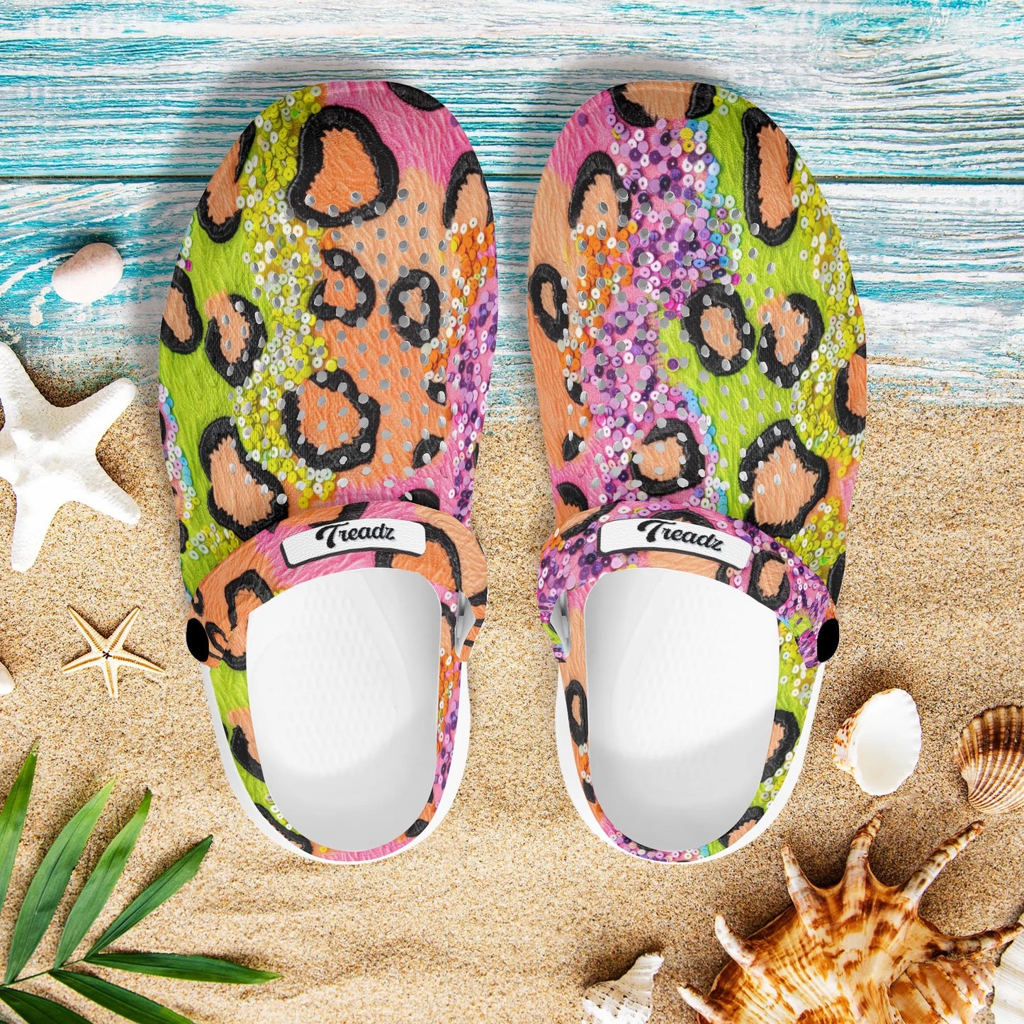 Treadz Clogs - Wild Sparkle by ShitHot
"Leopard print clogs with sequinst, ensuring stylish comfort and breathability for long walks."