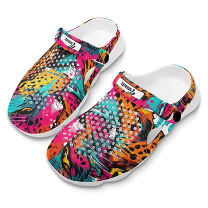 Treadz Clogs - Wild Leopard by ShitHot  "Vibrant neon leopard print clogs, combining comfort and style for extended wear and walking."
