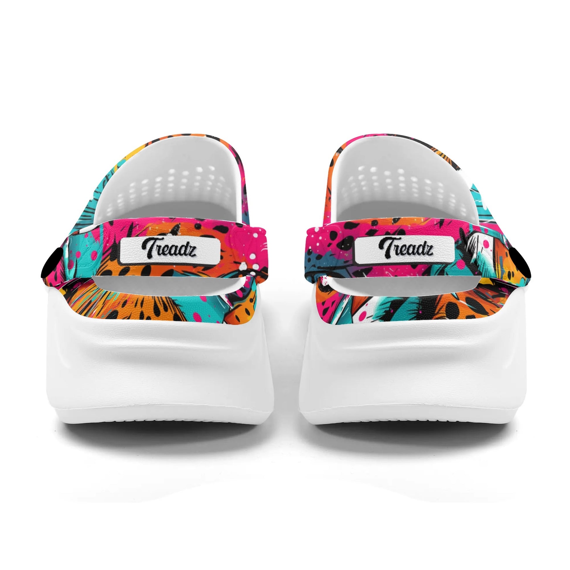 Treadz Clogs - Wild Leopard by ShitHot  "Vibrant neon leopard print clogs, combining comfort and style for extended wear and walking."