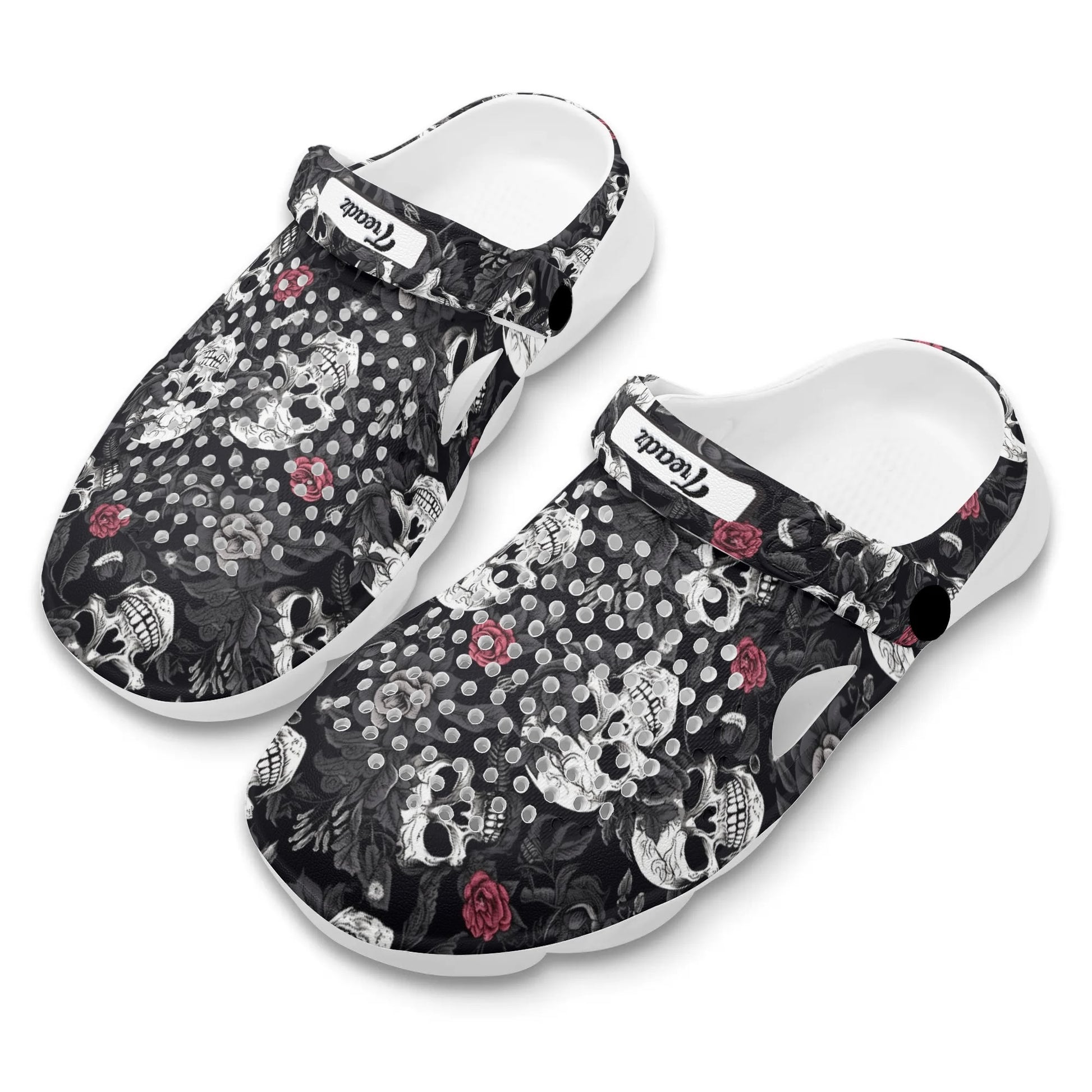 Treadz Clogs - Skull Rebel by ShitHot "Bold skull and rose design clogs,  perfect for edgy fashion lovers seeking comfort and style."
