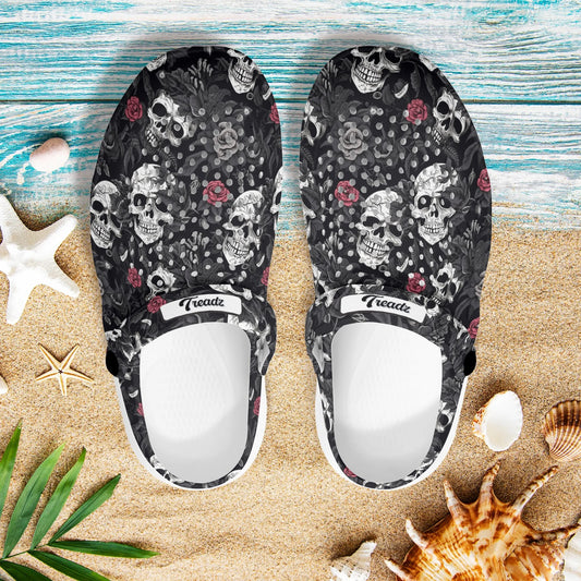 Treadz Clogs - Skull Rebel by ShitHot "Bold skull and rose design clogs,  perfect for edgy fashion lovers seeking comfort and style."