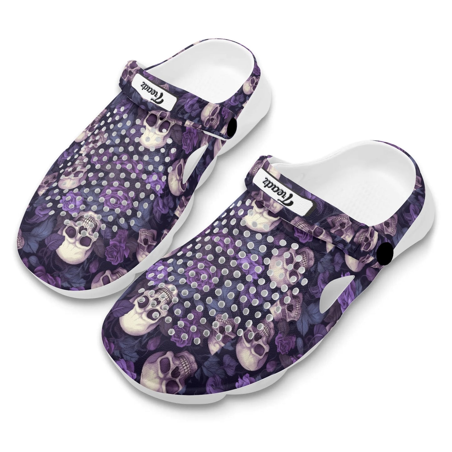 Treadz Clogs - Gothic Garden by ShitHot "Gothic skull and flower clogs, offering unique style with all-day comfort for fashion-forward individuals."
