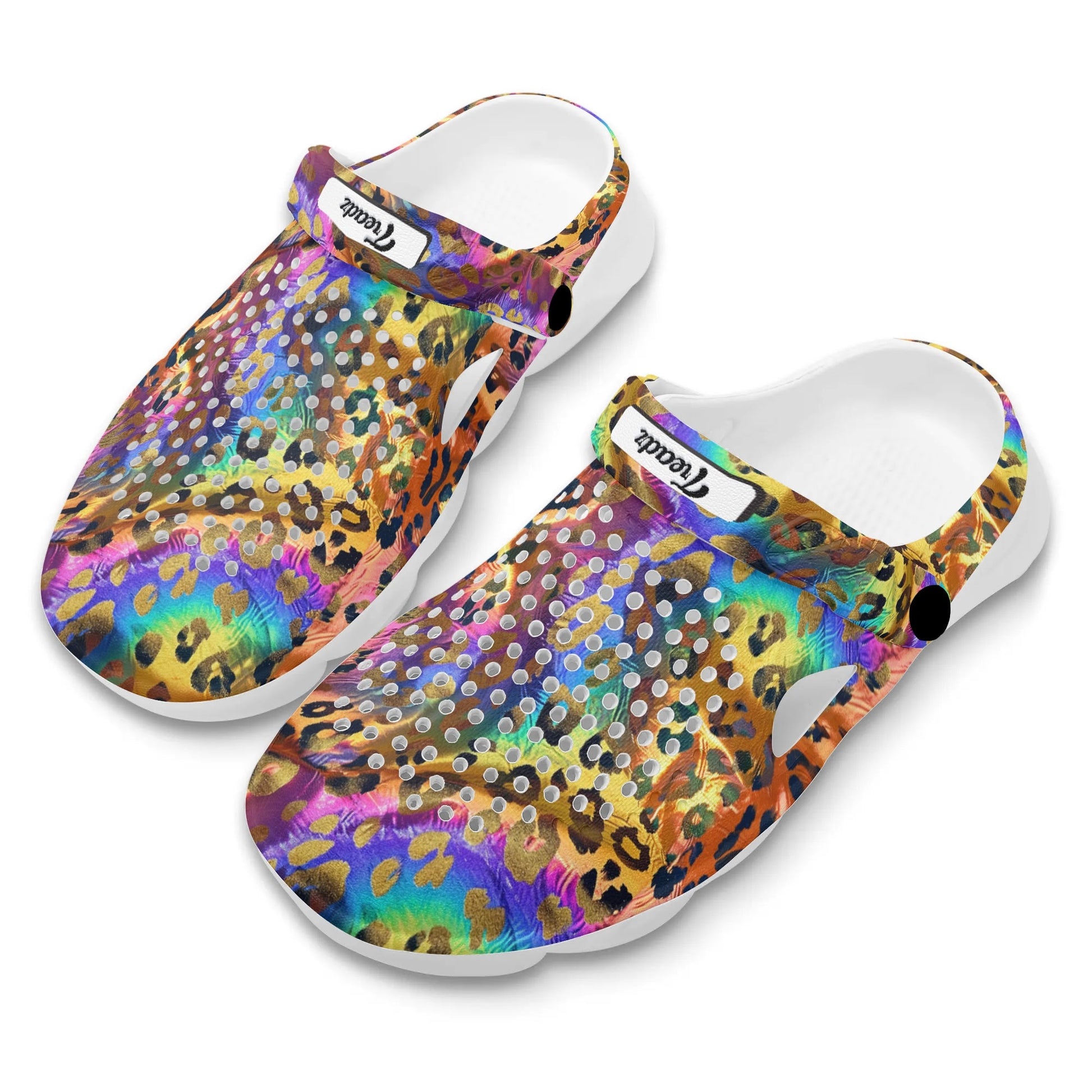 Treadz Clogs - Opulent Leopard by ShitHot "Luxurious leopard print clogs with gold spots, designed for fashionable comfort during all-day wear."