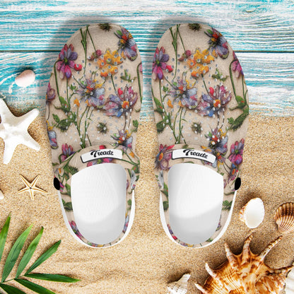 Treadz Clogs - Wildflower by ShitHot "3D illusion floral clogs, designed for stylish comfort, perfect for nature lovers."