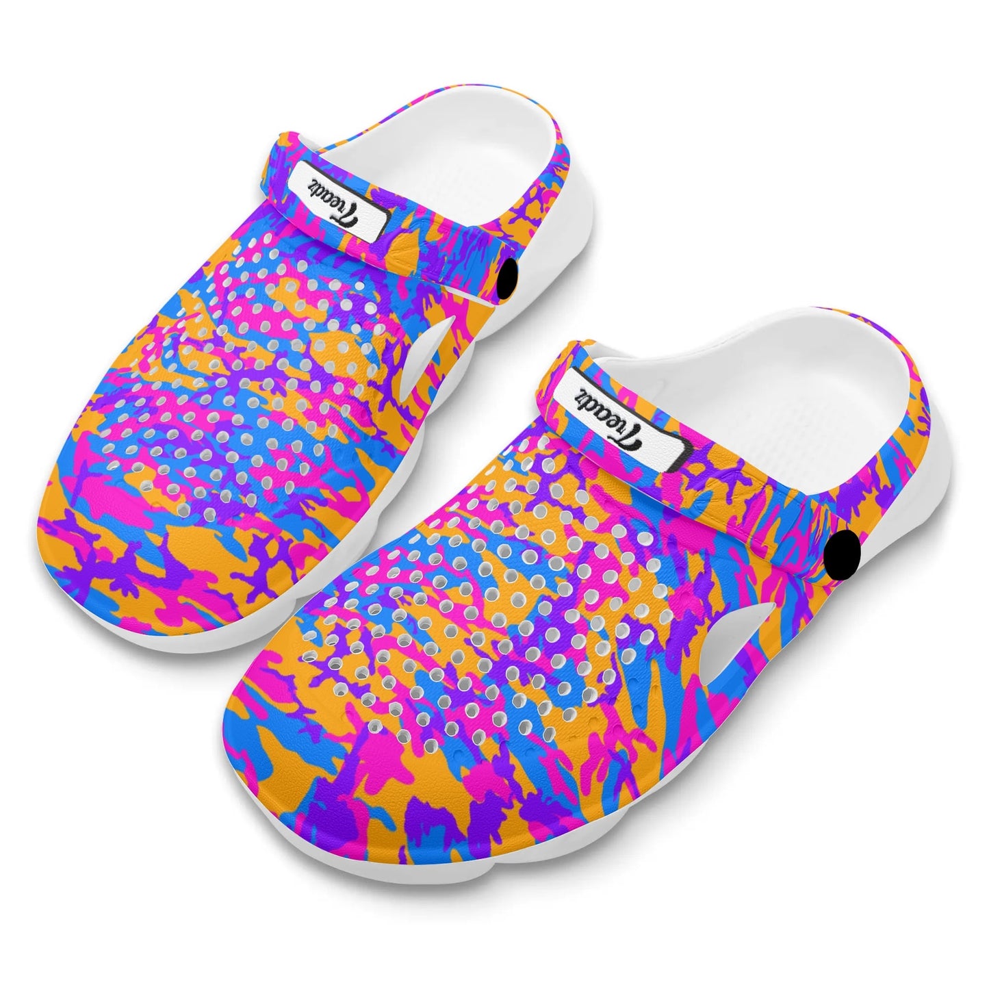 Treadz Clogs - Storm Camo by ShitHot Bold storm camo clogs by theshithotcompany, featuring energetic colors for stylish comfort in any weather.