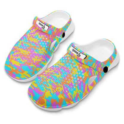 Treadz Clogs - Thunder Camo by ShitHot. Vibrant thunder camo clogs by theshithotcompany, designed for comfort and style during long walks.