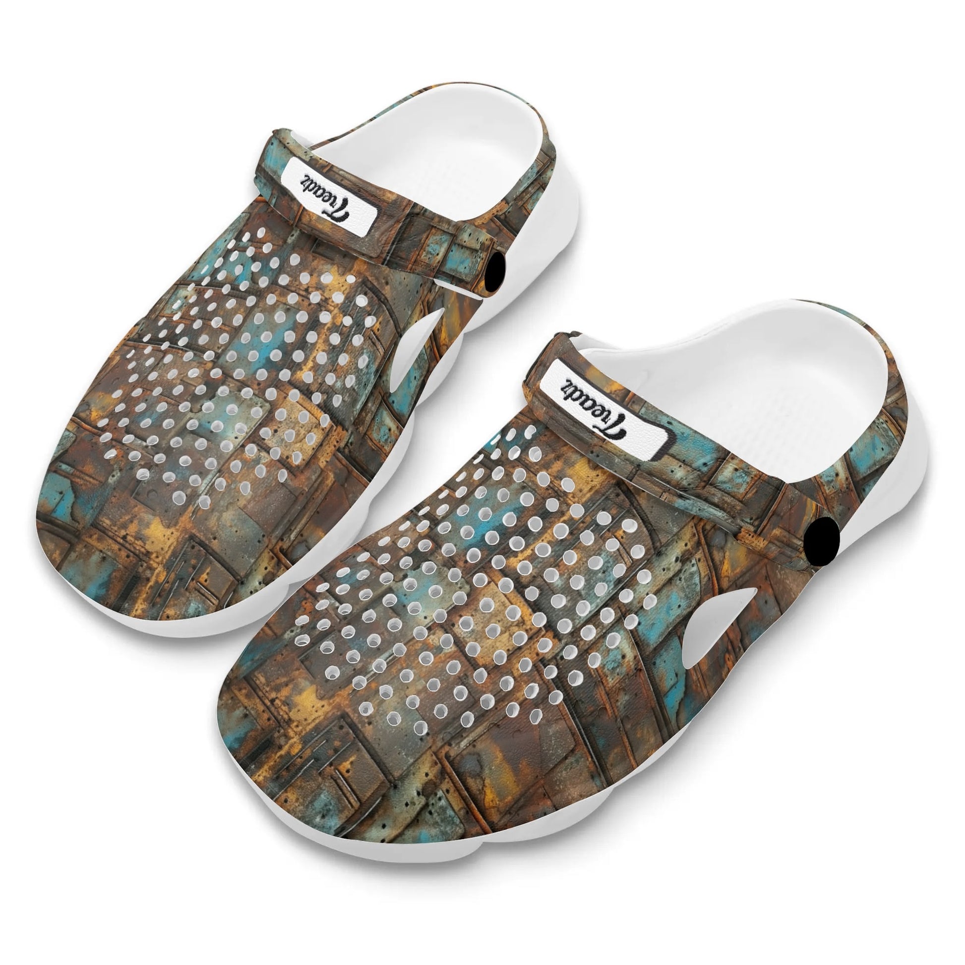 Treadz Clogs - Full Metal by ShitHot. Oxidized metal pattern clogs by theshithotcompany, providing unique style and comfort for fashion enthusiasts.