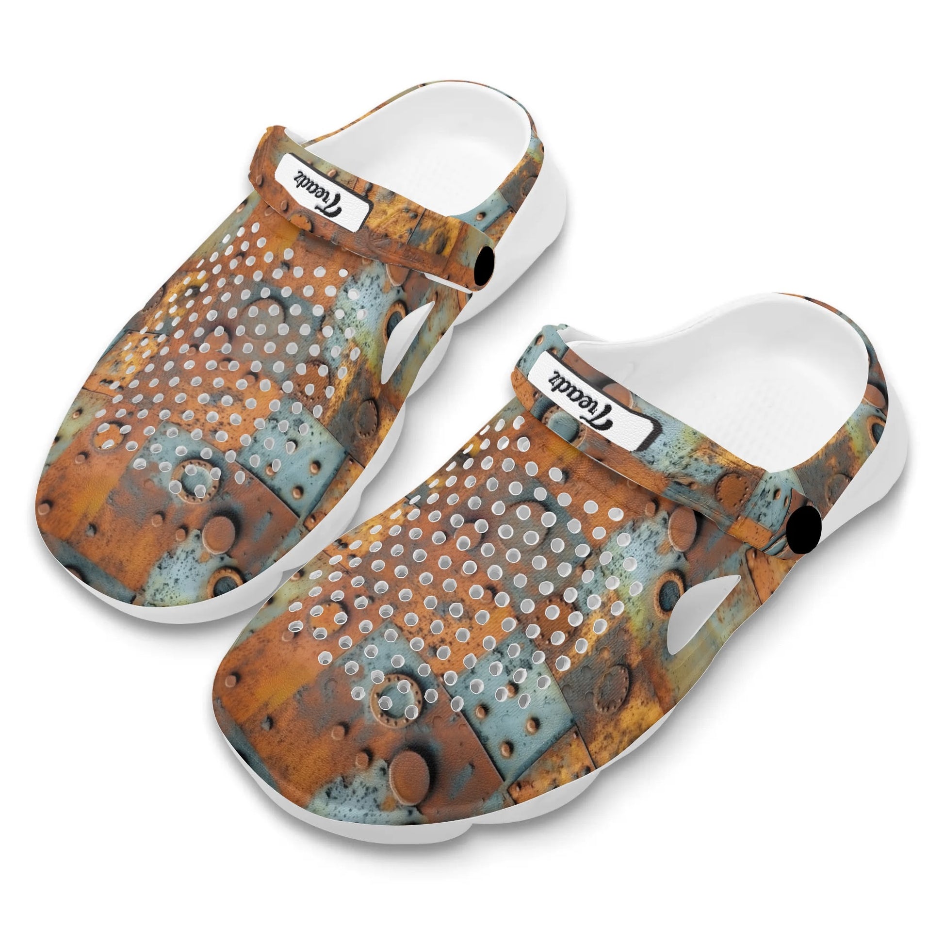 Treadz Clogs - Metal Head by ShitHot. Oxidized panel design clogs by theshithotcompany, offering edgy style and comfort for modern wearers.