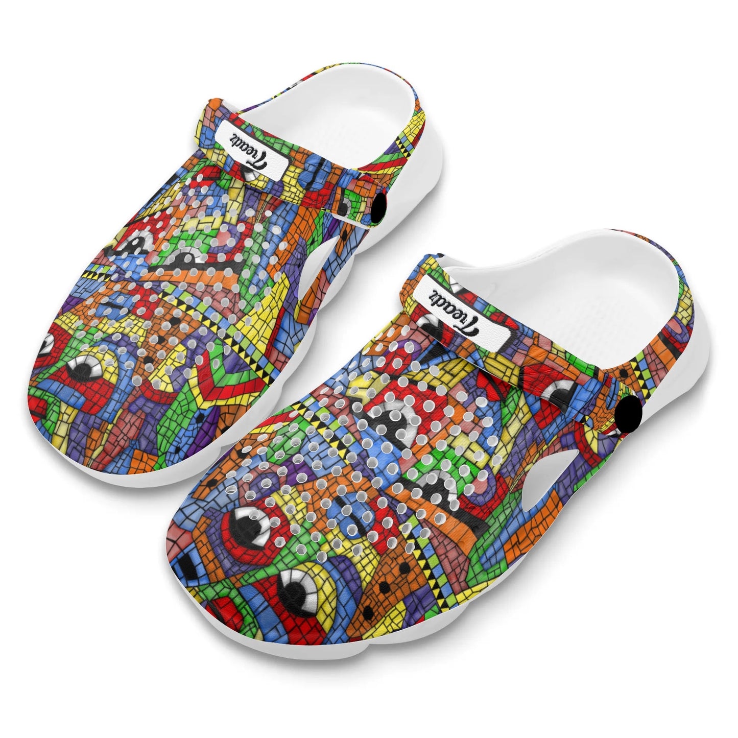 Treadz Clogs – The Picasso by ShitHot. Artistic mosaic design clogs by theshithotcompany, perfect for creative souls seeking comfort and style.