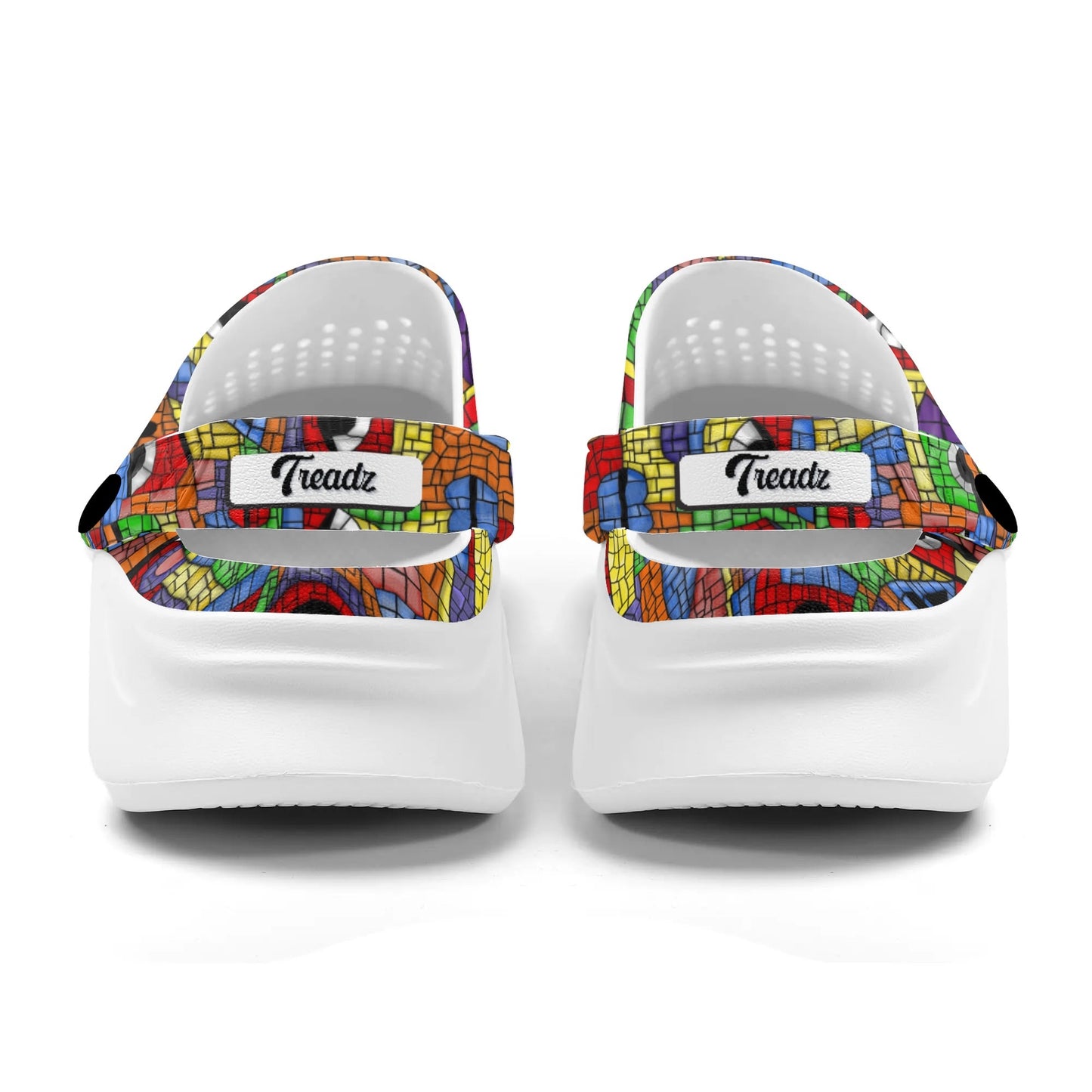 Treadz Clogs – The Picasso by ShitHot. Artistic mosaic design clogs by theshithotcompany, perfect for creative souls seeking comfort and style.