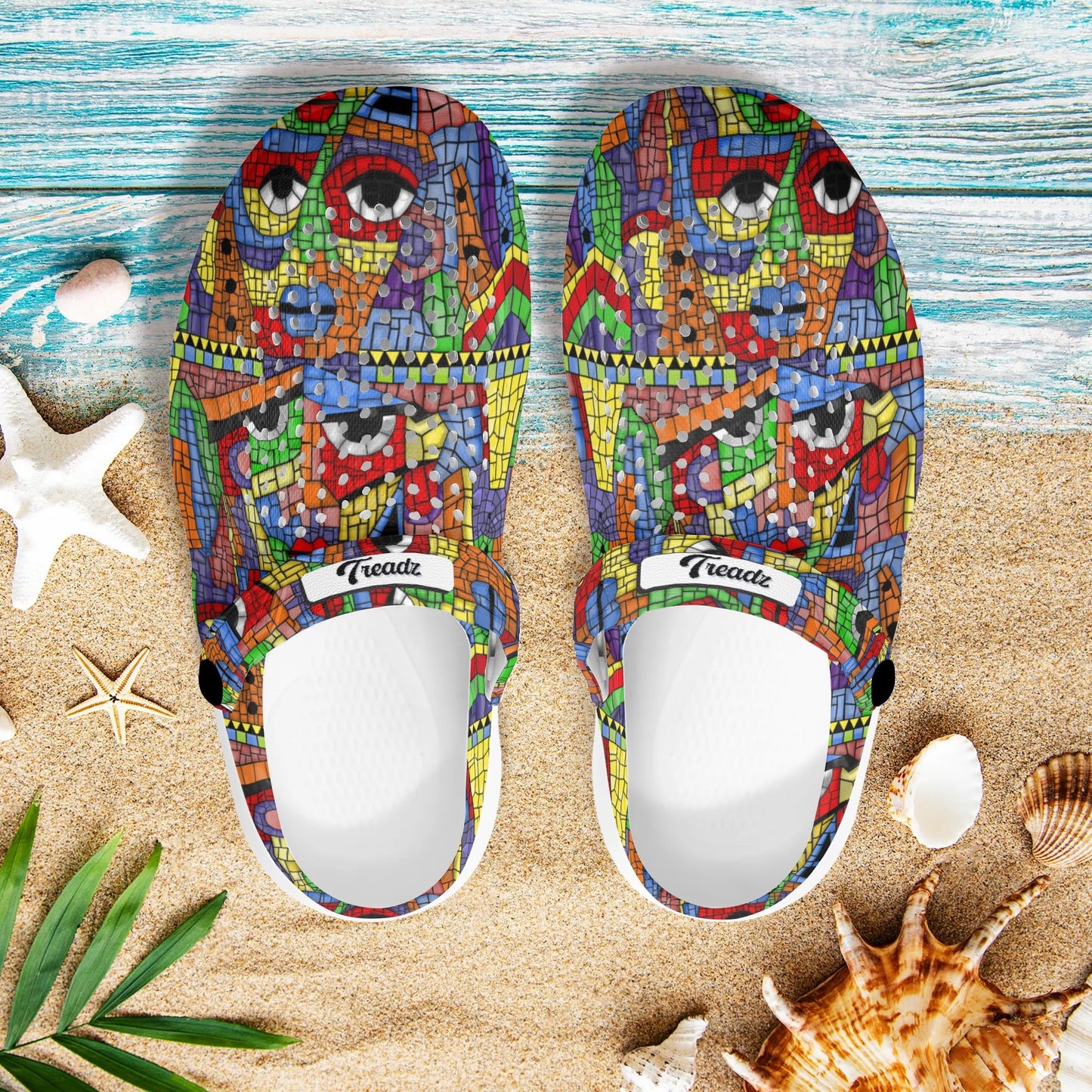 Treadz Clogs – The Picasso by ShitHot. Artistic mosaic design clogs by theshithotcompany, perfect for creative souls seeking comfort and style.