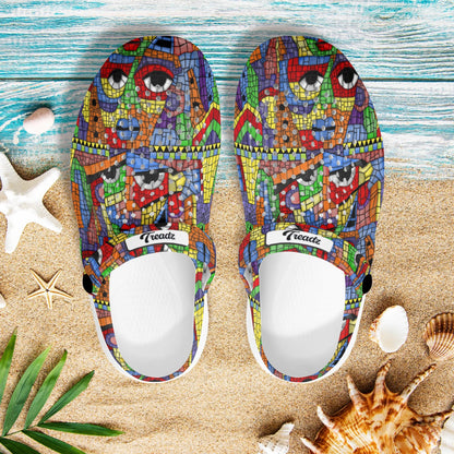 Treadz Clogs – The Picasso by ShitHot. Artistic mosaic design clogs by theshithotcompany, perfect for creative souls seeking comfort and style.