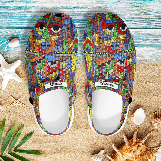 Treadz Clogs – The Picasso by ShitHot. Artistic mosaic design clogs by theshithotcompany, perfect for creative souls seeking comfort and style.