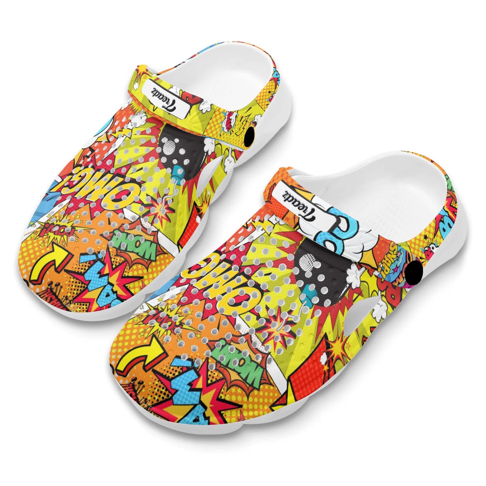 Treadz Clogs - The Comic by ShitHot. Vibrant comic-style print clogs by theshithotcompanyt, perfect for adding a playful pop to your daily look."