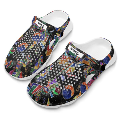 Treadz Clogs - The Jester by ShitHot. Vibrant and playful clogs by theshithotcompany, featuring eclectic shapes for a fun footwear experience."