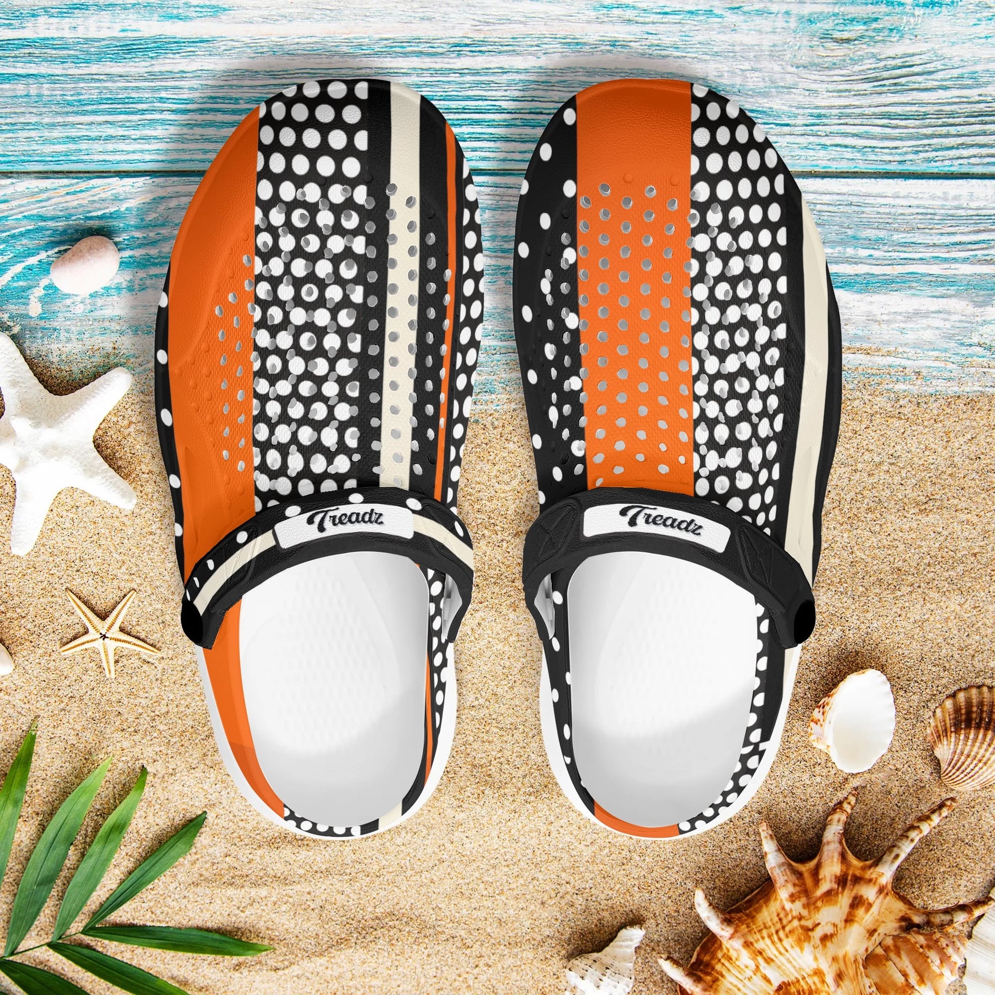 Treadz Clogs - Polkadot Sunset by ShitHot. Charming polkadot design clogs by theshithotcompany, combining colorful style with comfort for all-day wear.