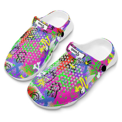 The Notorious by ShitHot. Graffiti pattern clogs by theshithotcompany, bursting with playful designs for vibrant, all-day comfort.