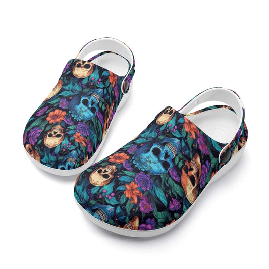 "Treadz Nursing Slide On Clogs - Skull Garden by ShitHot, featuring colorful flowers around skulls." theshithotcompany