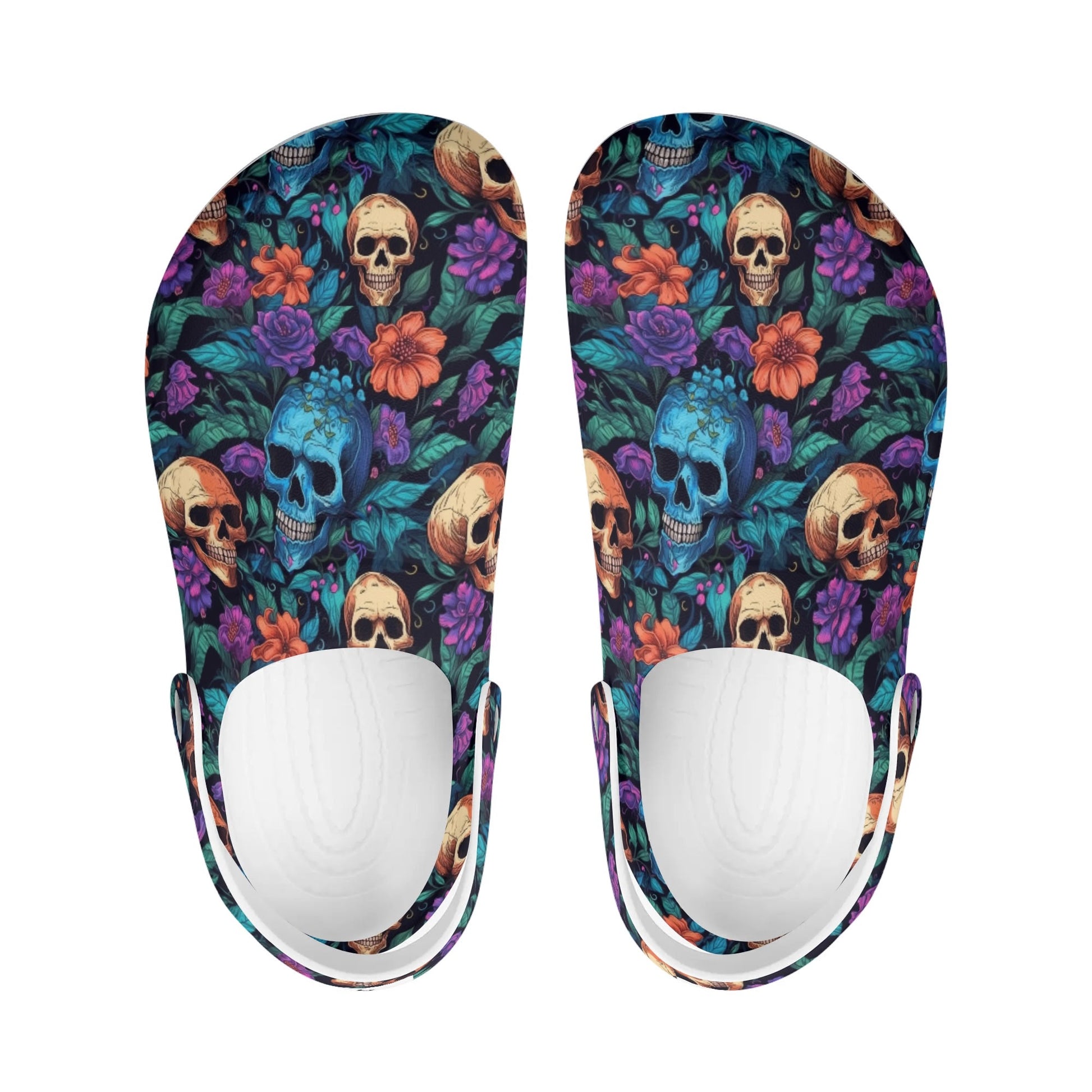 "Treadz Nursing Slide On Clogs - Skull Garden by ShitHot, featuring colorful flowers around skulls." theshithotcompany