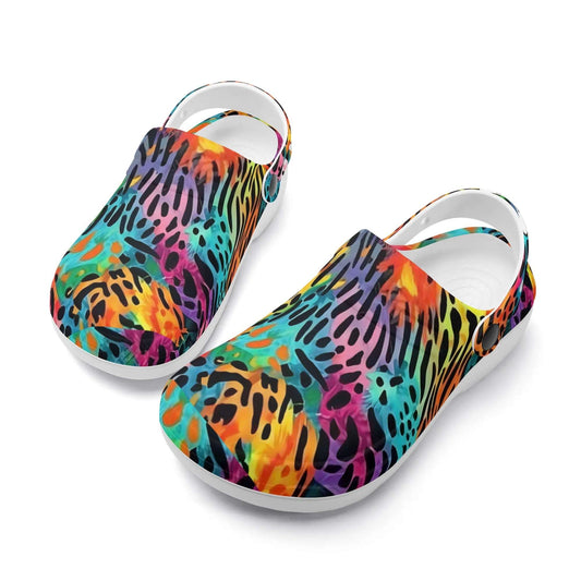 "Treadz Nursing Slide On Clogs - Wild Cheetah by ShitHot, bold design, lightweight, slip-resistant." theshithotcompany