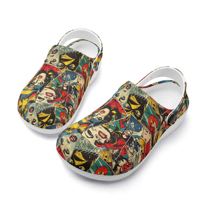 "Treadz Nursing Slide On Clogs - Comic Strip by ShitHot, playful design, comfortable, slip-resistant." theshithotcompany