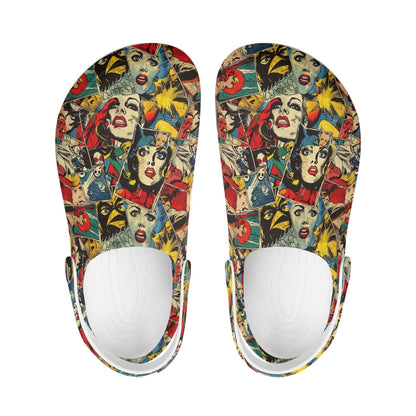 "Treadz Nursing Slide On Clogs - Comic Strip by ShitHot, playful design, comfortable, slip-resistant." theshithotcompany