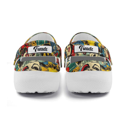 "Treadz Nursing Slide On Clogs - Comic Strip by ShitHot, playful design, comfortable, slip-resistant." theshithotcompany