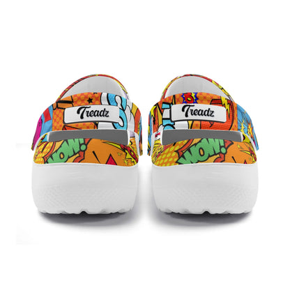  "Treadz Nursing Slide On Clogs - The Comic by ShitHot, vibrant prints, comfortable, easy to clean." theshithotcompany