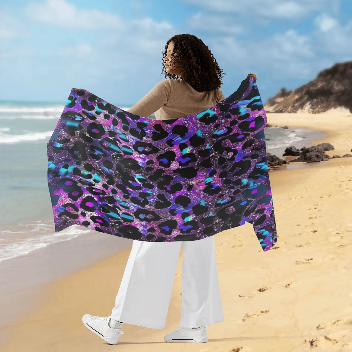 Rip Tide Sarong – Futuristic Leopard by ShitHot: Bold neon leopard print, lightweight and stylish for trendy beachwear. theshithotcompany