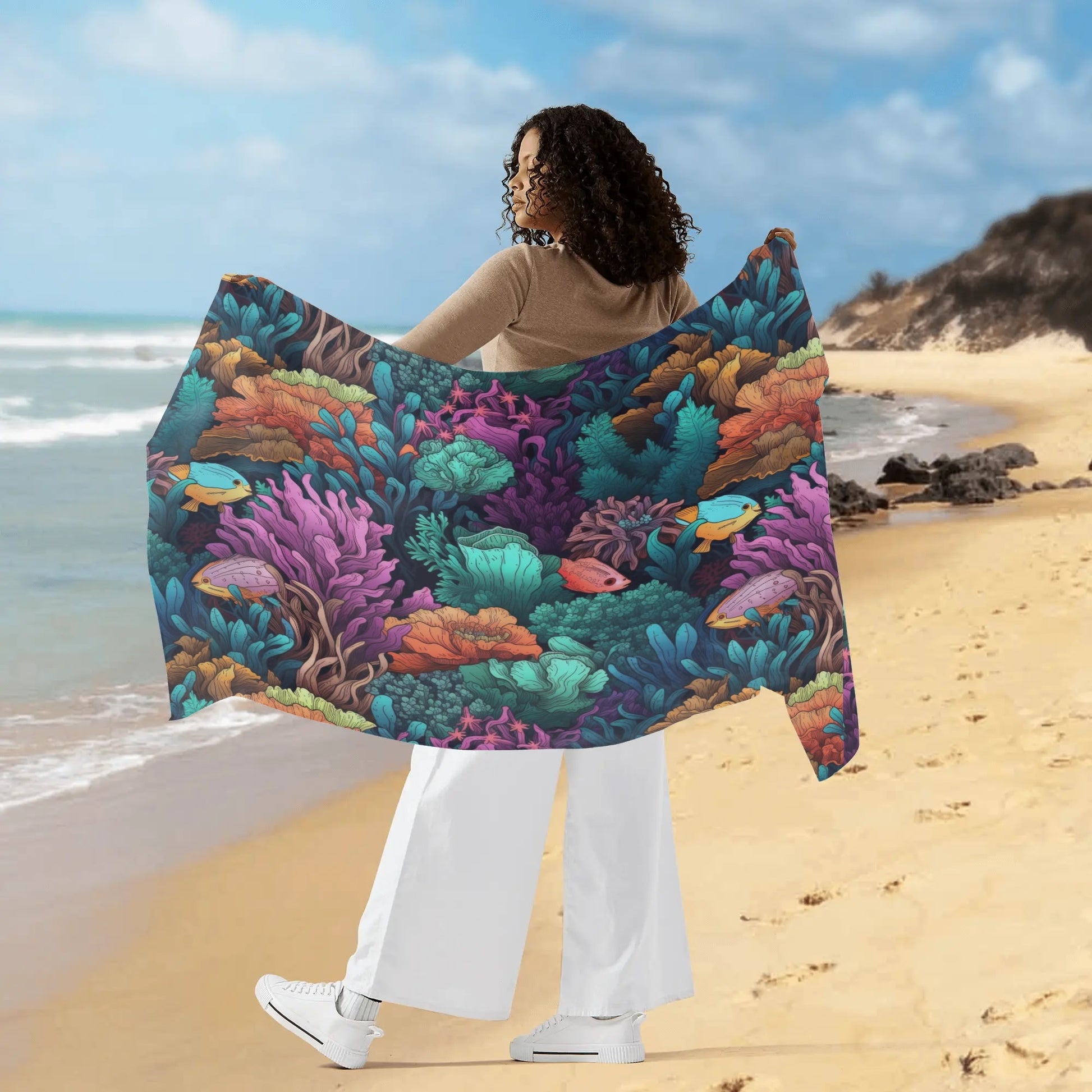 Rip Tide Sarong – Barrier Reef by ShitHot: Colorful coral and fish design, breathable for stylish beach outings. theshithotcompany